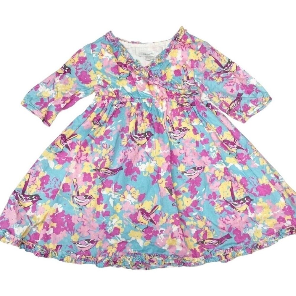 Garnet Hill Bird Print Wrap Neck Long Sleeved Dress Girls 2 Blue Pink Yellow